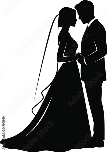 Wedding couple silhouette, romantic bride and groom, black vector icon, love and marriage symbol