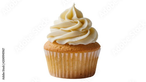 Fotografija Golden vanilla cupcake with creamy frosting, isolated on transparent background