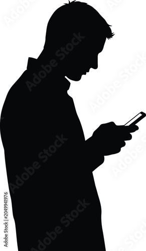 Black silhouette man, person using smartphone, mobile phone user, isolated vector icon