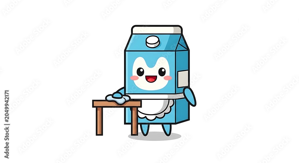 Fototapeta premium Cartoon-style illustration depicts a milk carton character wearing an apron, poised behind a small wooden table