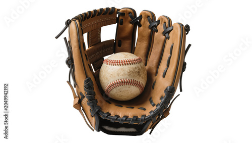 Canvas Print Leather baseball glove cradling a worn baseball, isolated on transparent backgro