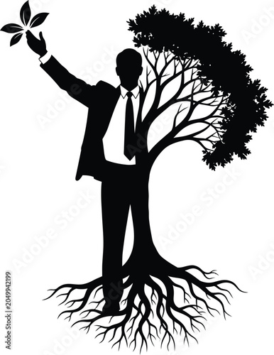 Eco friendly business, sustainable growth, tree silhouette, corporate ecology, green initiative