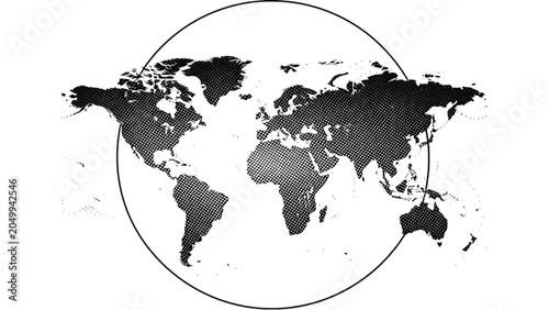 Valokuva A grayscale world map illustration inside a circle on a white background