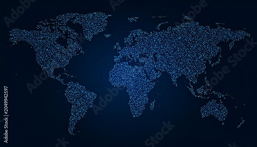 A blue world map made of small dots on a dark background
