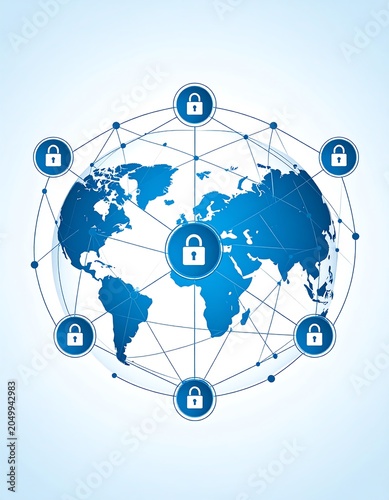 A blue world map surrounded by locks and lines on a gradient background