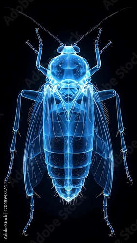 A blue x-ray image of a bug on a black background