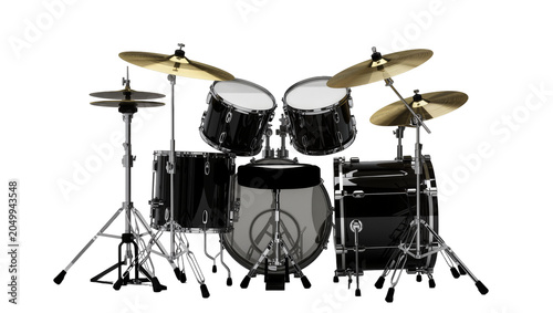 Cuadro en lienzo Shiny black drum kit with golden cymbals, isolated on transparent background