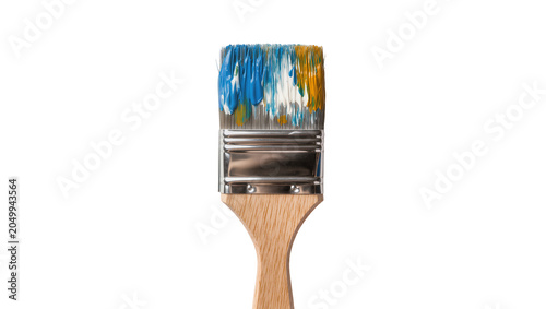 Schilderij op canvas Paintbrush with blue and yellow paint strokes, isolated on transparent backgroun