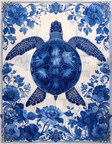 A blue and white turtle design on a rectangular background with floral patterns