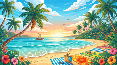 Obraz na plátně Tropical Beach Sunset Paradise: Palm Trees, Ocean Waves, and Relaxing Sunbathers