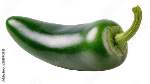 Konstfotografi Shiny green jalapeño pepper with curved stem, isolated on transparent background