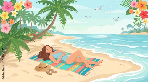 Bild auf Leinwand Woman relaxing on tropical beach under palm trees, sunbathing on colorful blanke