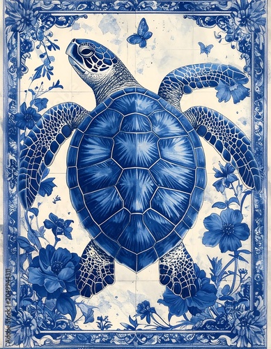 A blue and white turtle on a floral background with butterflies