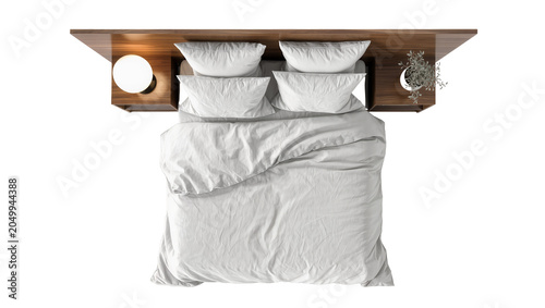 Canvastavla Top view of a wooden bed with white linens pillows and a bedside lamp, isolated