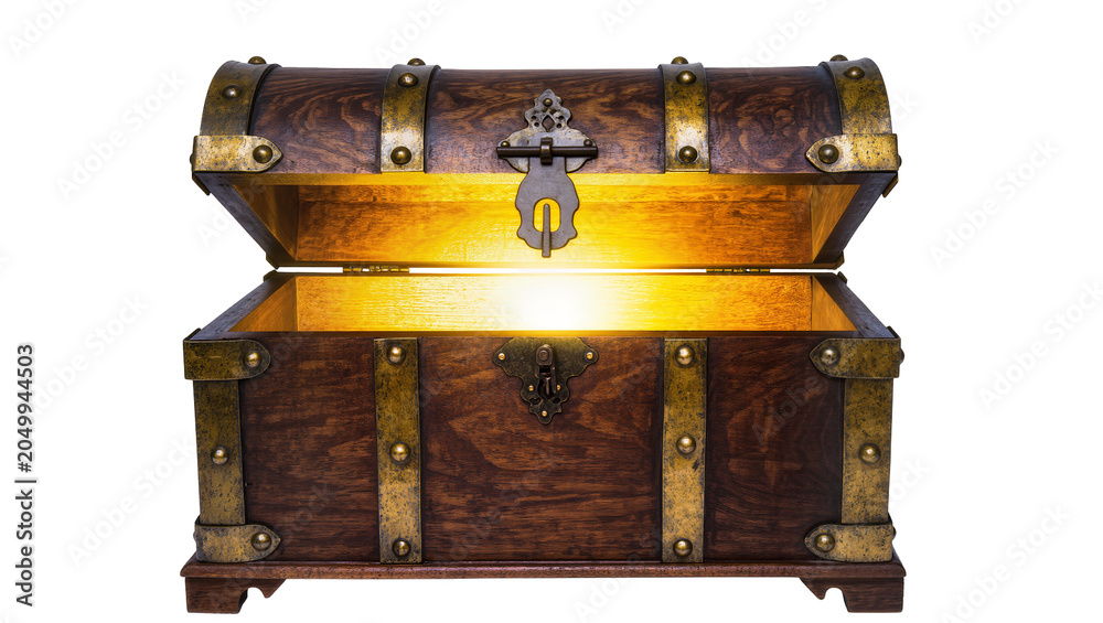 Fototapeta premium Antique wooden treasure chest with brass fittings glowing from within, isolated on transparent background