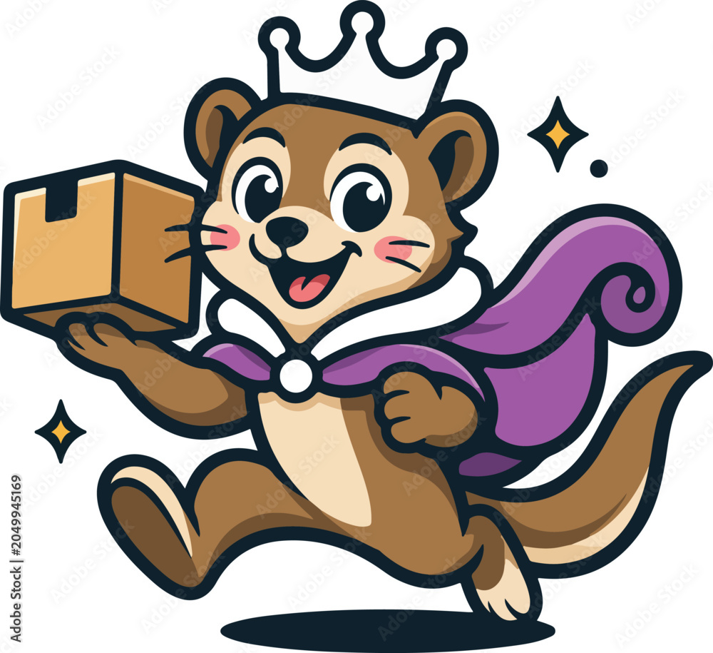 Fototapeta premium Cartoon otter mascot delivering package with crown and purple cape
