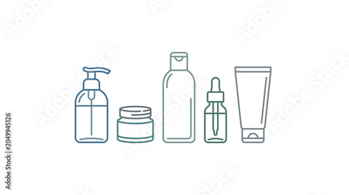 Schilderij op canvas A collection of various skincare product containers illustrated in a clean line art style