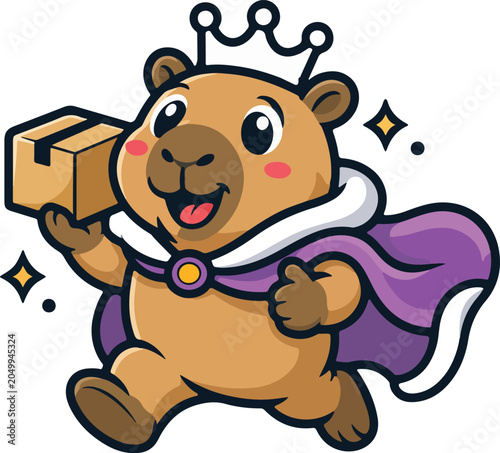 Cartoon groundhog mascot delivering package with royal accessories