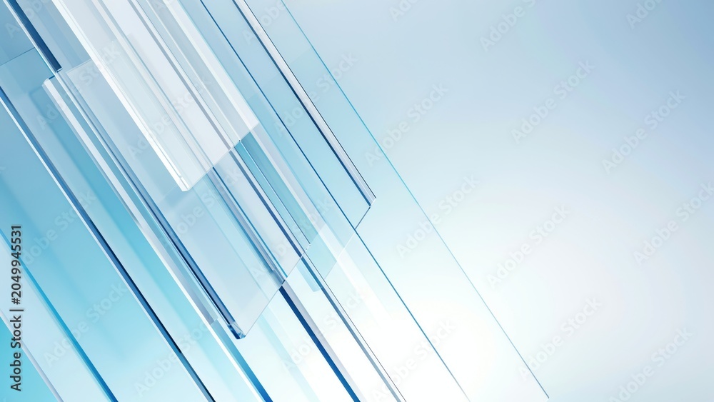 Fototapeta premium Abstract background of clear blue glass panels overlapping diagonally with light reflections