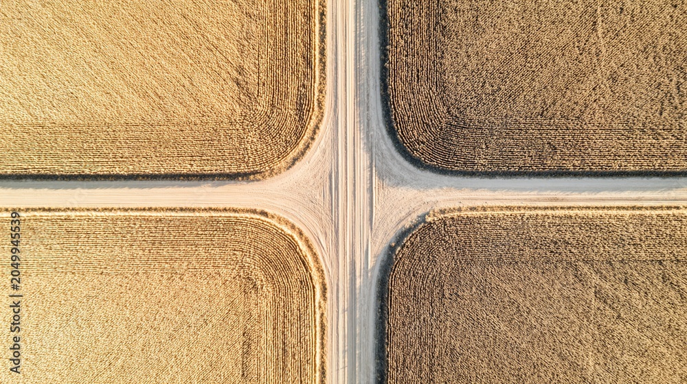 Fototapeta premium intersecting. Aerial view of two dirt roads intersecting in a golden wheat field. travel magazines, destination branding, designed for outdoor magazines and nature guides, used by interior designers.