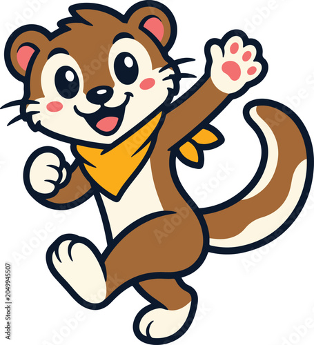 Cartoon ferret in yellow bandana running with raised paw