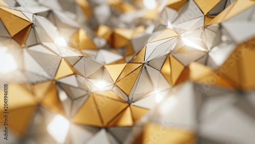 Abstract background of sparkling gold and silver geometric low poly polygons with soft focus