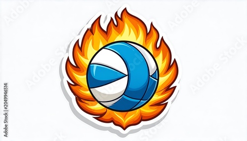 A blue and white volleyball surrounded by a ring of flames