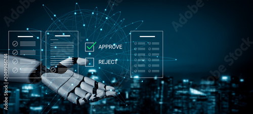 Photos A robotic hand signifies a decision-making process with approval and rejection icons on a digital backdrop, illustrating innovations in automation and technology