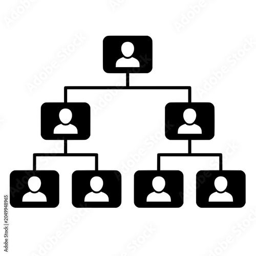 Minimalist corporate hierarchy flowchart diagram icon representing company management structure isolated on white background