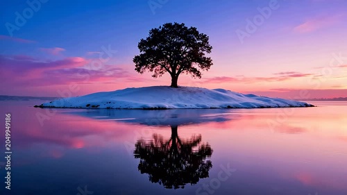 Solitary tree on snowy island at sunset