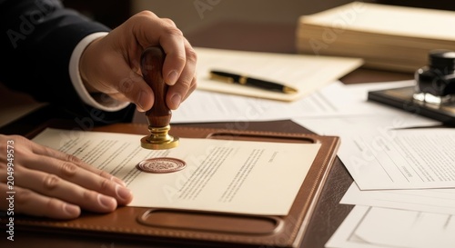 Close up of a man in a suit applying a wax seal stamp to a document, symbolizing legal approval and authentication