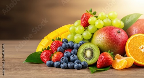 Abundant fresh fruit assortment including strawberries, blueberries, grapes, mango, kiwi, apple, and orange slices on a wooden surface, healthy eating and vitamins concept