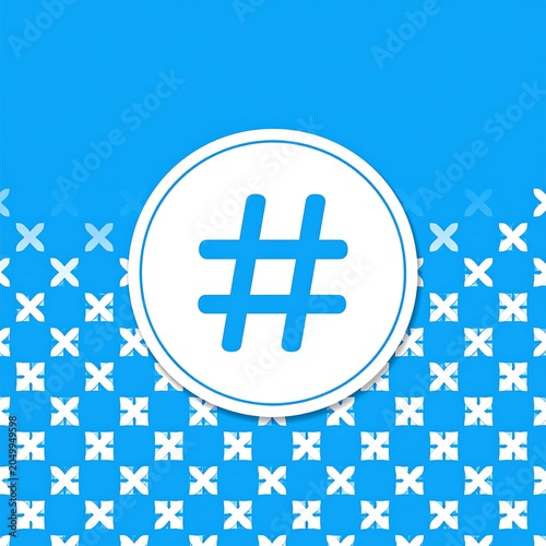 A blue background with a white circle containing a blue symbol, surrounded by a pattern of small white and blue marks