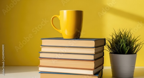 Stack of old books topped with a yellow mug, next to a potted plant against a yellow wall with shadow patterns
