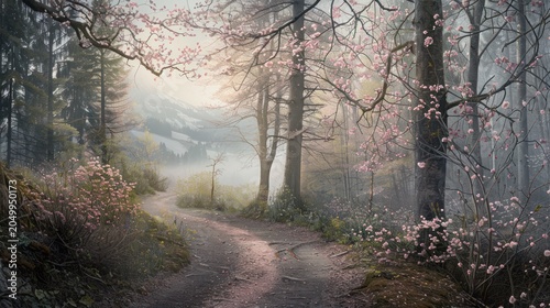 Serene Spring Forest Path with Pink Blossoms in Misty Morning Light