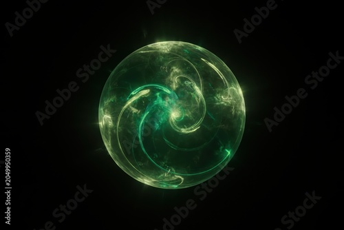 Glowing green energy orb with cosmic swirls on black