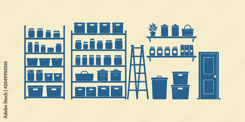 Naklejka premium Storage Room and Warehouse Organization Equipment Icons Set with Shelving Units, Containers and Utility Supplies Vector Illustration