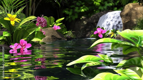 Serene Water Garden with Pink and Yellow Flowers and Rocks in Natural Setting