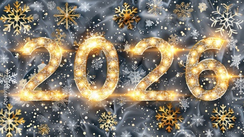 Shiny Golden 2026 New Year Celebration with Snowflakes and Sparkles