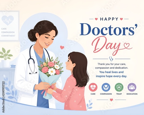 Happy doctors day greeting card with female physician receiving flowers from a young patient