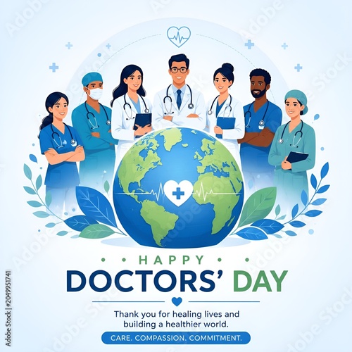Happy doctors day illustration with global medical team and world globe healthcare concept, physician