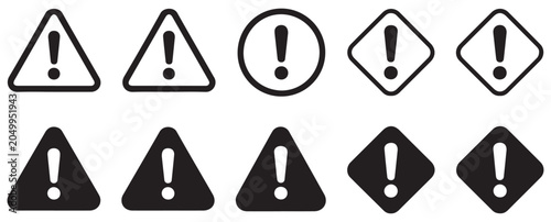 Collection of various exclamation mark warning icons in triangular circular and diamond shapes.