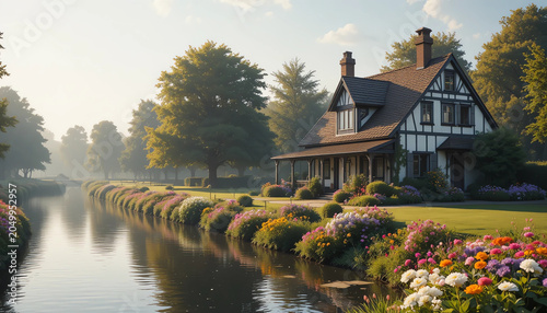 
Charming countryside house beside a peaceful waterway, colorful flower borders, soft morning light,