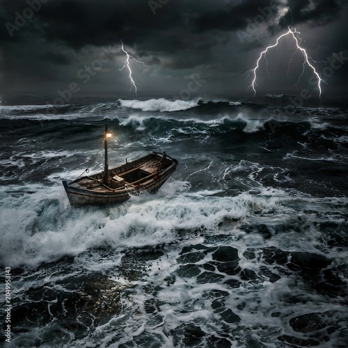 Lone Wooden Boat in Turbulent Ocean During Dramatic Thunderstorm