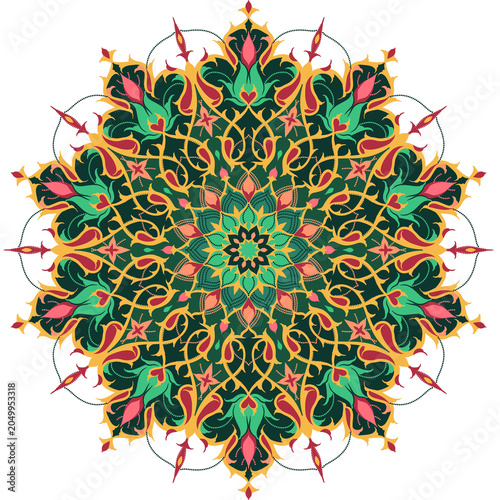 Foto Deep green ornamental mandala composed of intricate floral motifs and kaleidosco