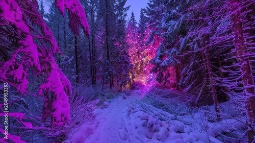 Snowy Forest Path Illuminated by Vibrant Purple and Pink Lights During Night