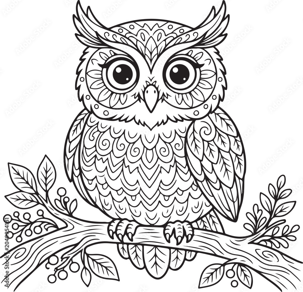 Obraz premium Cute Cartoon Owl on Branch Coloring Page