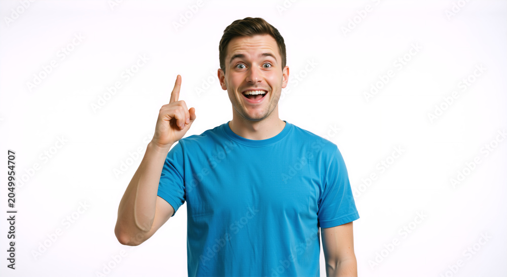 Naklejka premium Excited young man pointing finger up at copy space. Surprised caucasian male in blue t-shirt having an idea against white background. Concept of inspiration and solution