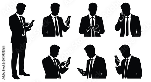 Set of silhouettes of a businessman using a smartphone