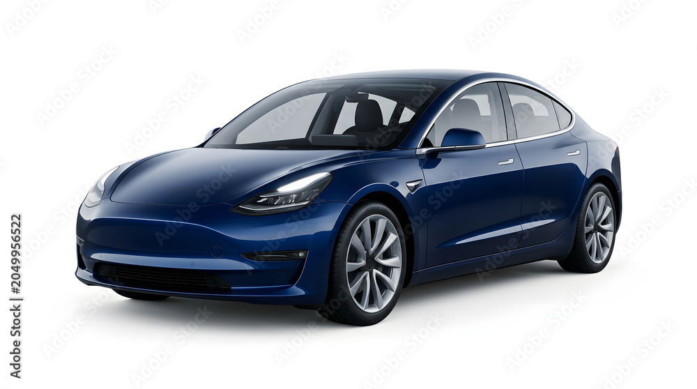 Fototapeta premium Blue Tesla Model 3 Electric Car.
